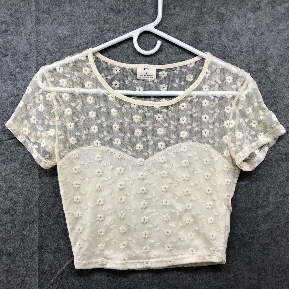 Pins And Needles Mesh Eyelet Crop Top Womens M Cream Beige Short Sleeve